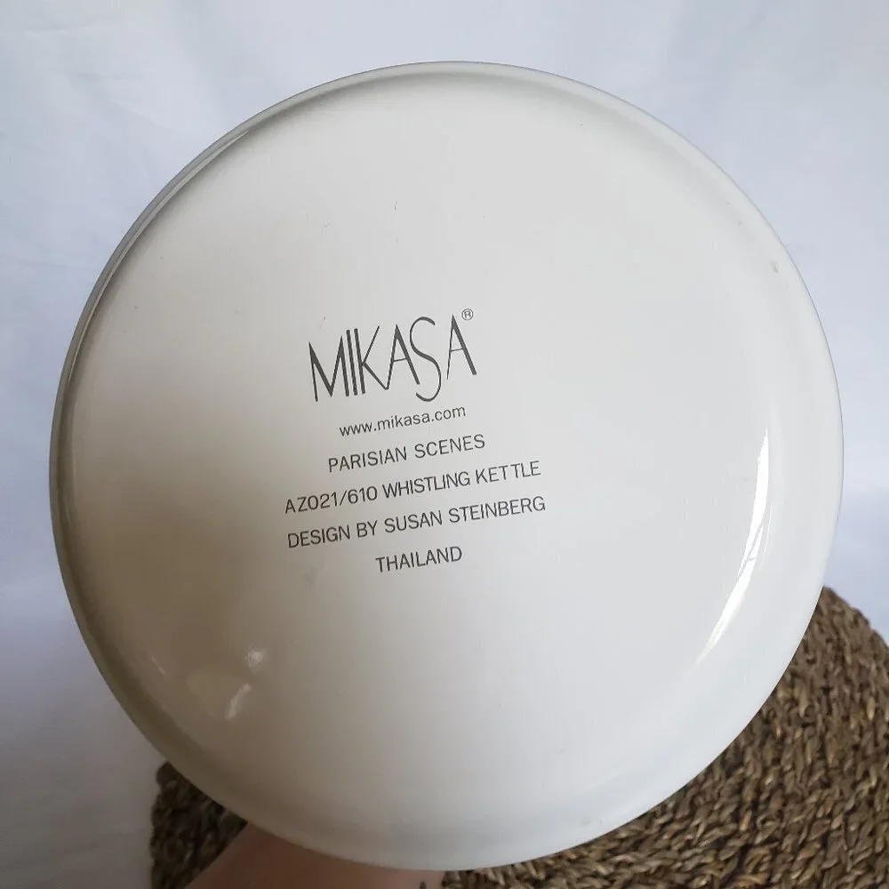 Mikasa Parisian Scenes Whistling‎ Tea Kettle Pot Enameled White Black
